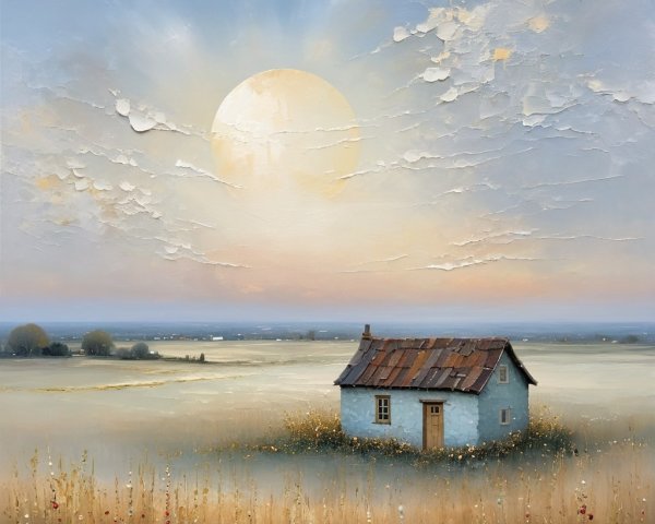 Tranquil Sunrise Landscape with Rustic House and Grasses