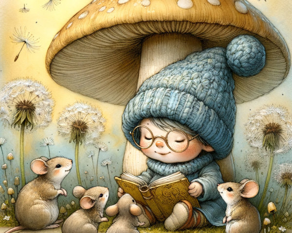 Child Reading Under Mushroom with Playful Mice