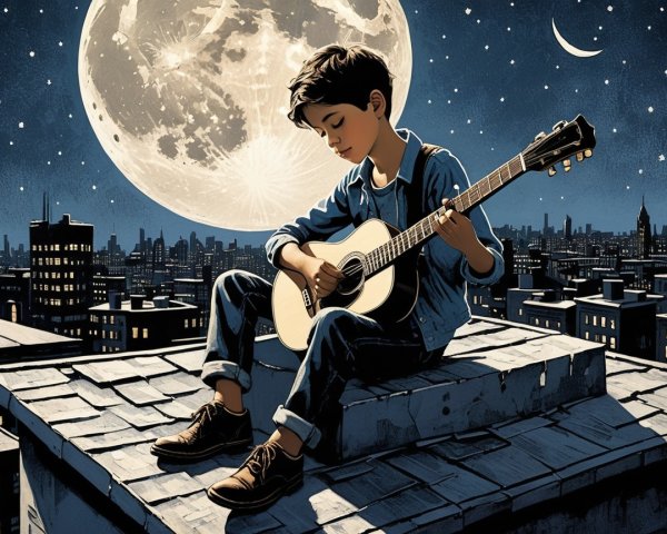 Young Boy Playing Guitar on Rooftop at Night