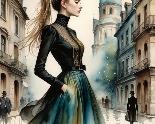 Elegant Woman in Gradient Gown in Vintage Cityscape