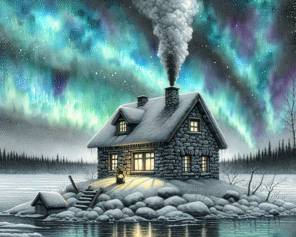 Cozy stone cottage on a snowy island with auroras