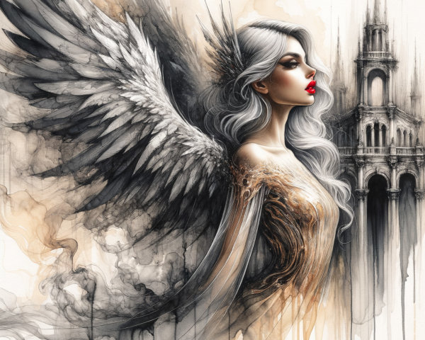 Elegant Woman with Silver Hair and Majestic Wings