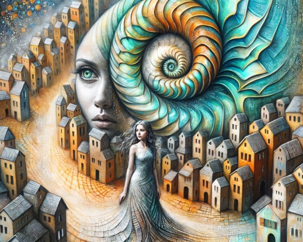 Surreal Landscape with Shell and Woman in Flowing Attire