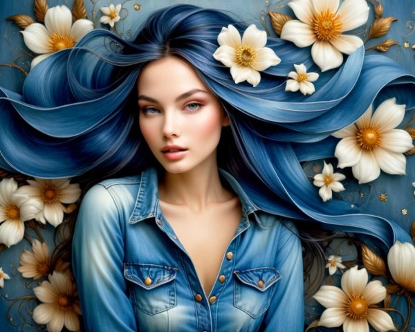Young woman with blue hair against floral backdrop