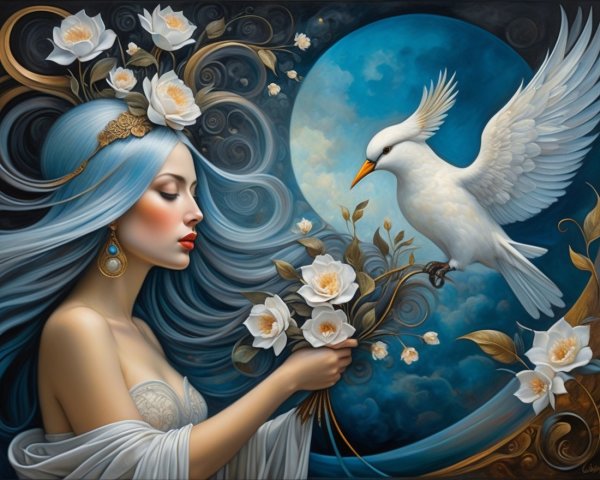 Ethereal Woman with Blue Hair and White Bird Scene