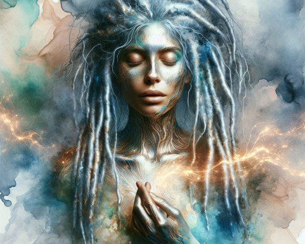 Mystical Figure with Flowing Dreadlocks and Ethereal Skin