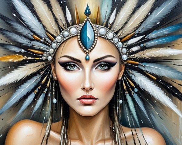 Portrait of a woman with an elaborate feathered headpiece