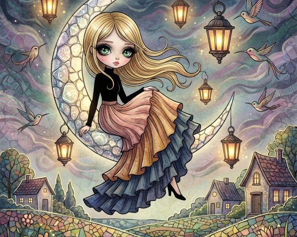 Vibrant Digital Painting of Girl on Crescent Moon