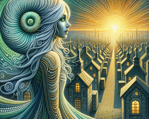 Surreal Scene of Woman with Nautilus Hair at Sunrise