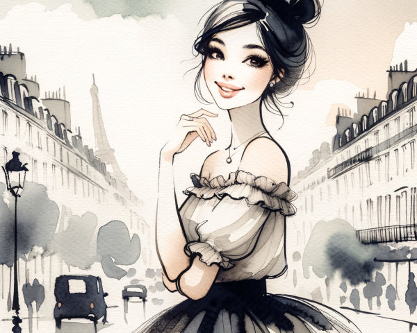 Stylish Woman in Off-Shoulder Dress in Paris Street