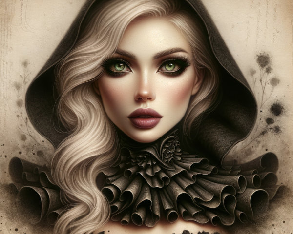 Portrait of a Woman in Dark Cloak with Floral Background