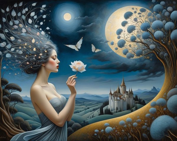 Surreal Landscape with Ethereal Woman and Lotus Blossom