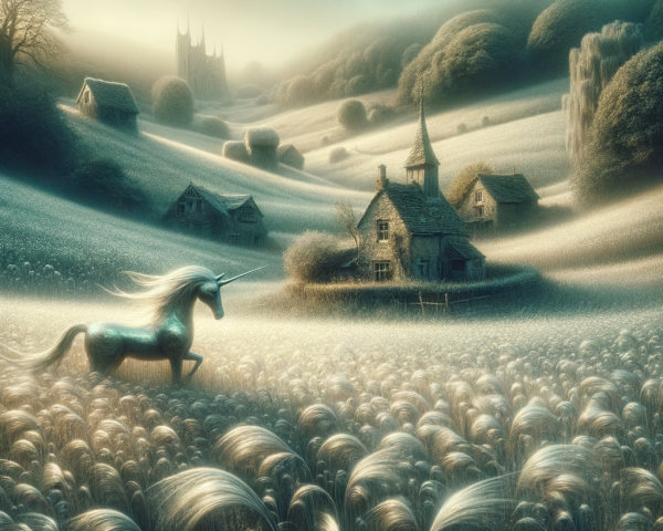 Unicorn in Dreamy Landscape with Quaint Cottages