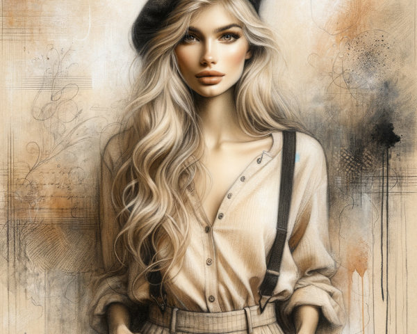 Portrait of a Woman in Beret with Abstract Background