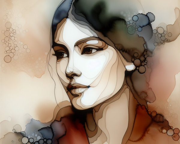 Stylized portrait of a serene woman in soft colors