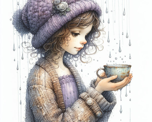 Young girl in cozy attire with a delicate cup in rain