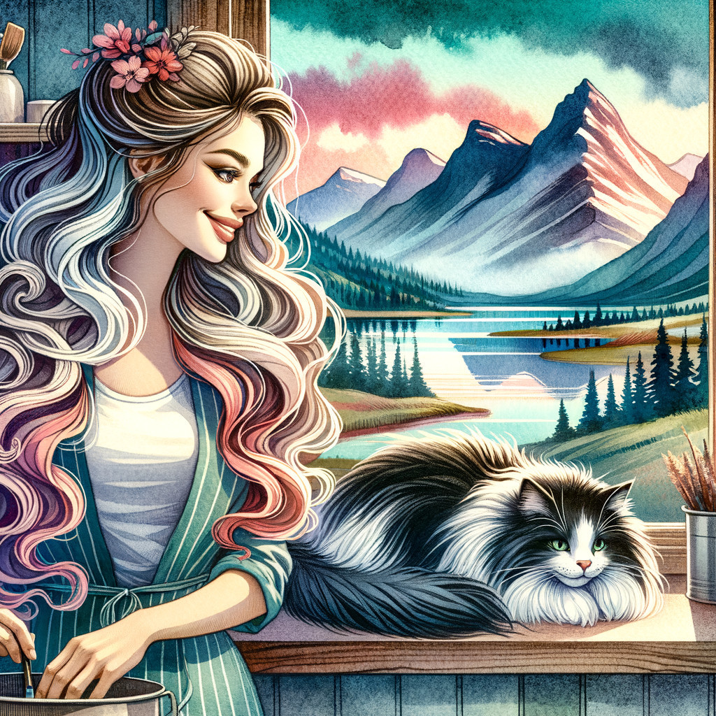 Young woman cooking with colorful hair and cat by window