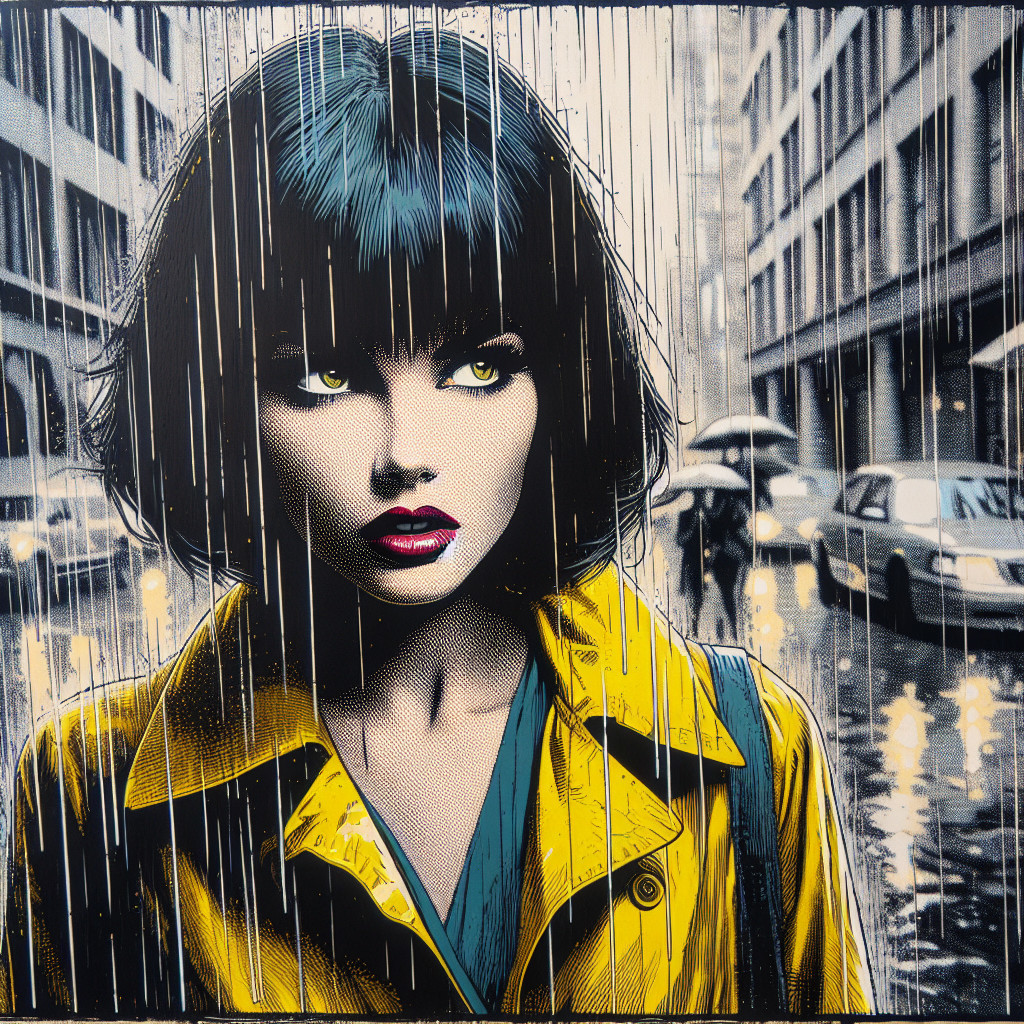 Illustration of a Woman in Yellow Raincoat in Rainy City