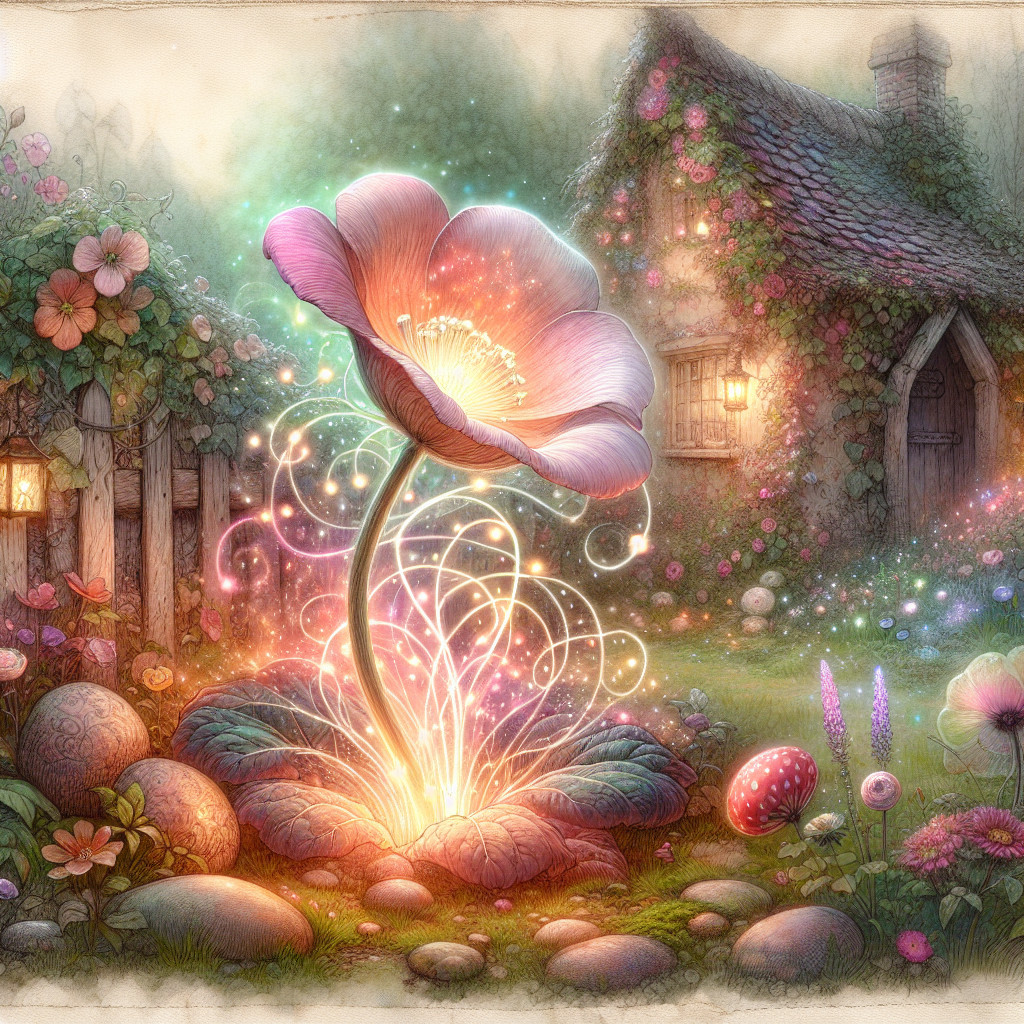 Whimsical Garden Scene with Blooming Flower and Cottage
