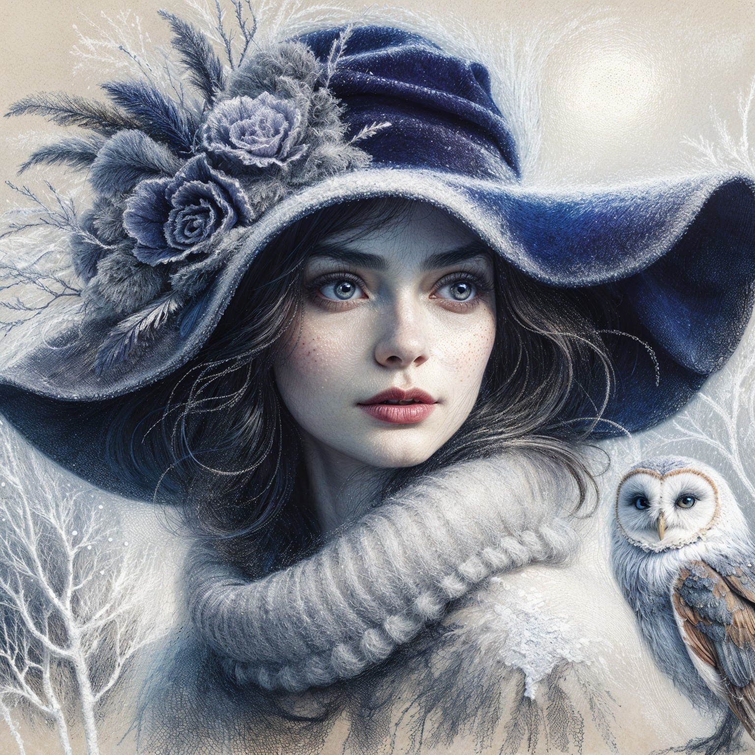 Young Woman in Elegant Hat with Wintery Backdrop
