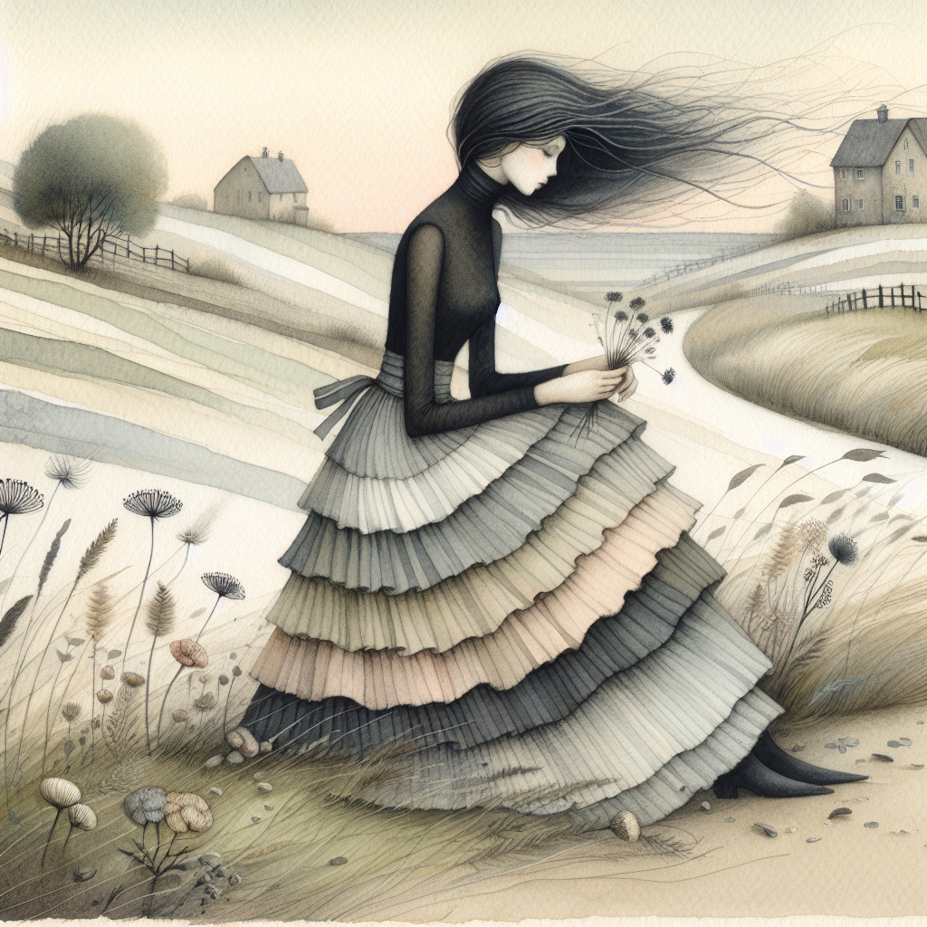 Whimsical Illustration of a Woman in Serene Landscape