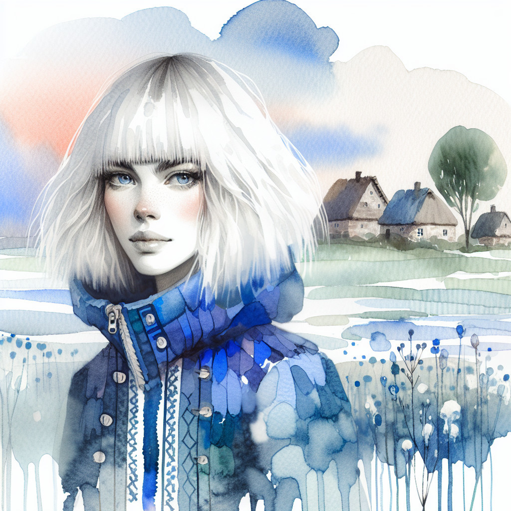 Watercolor Illustration of Woman in Blue Coat