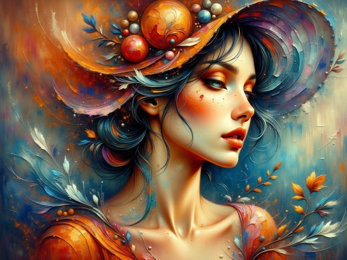 Portrait of a woman with a vibrant hat and warm tones