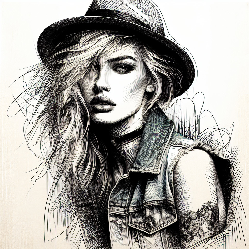 Line Art Portrait of a Fashionable Woman with Tattoo