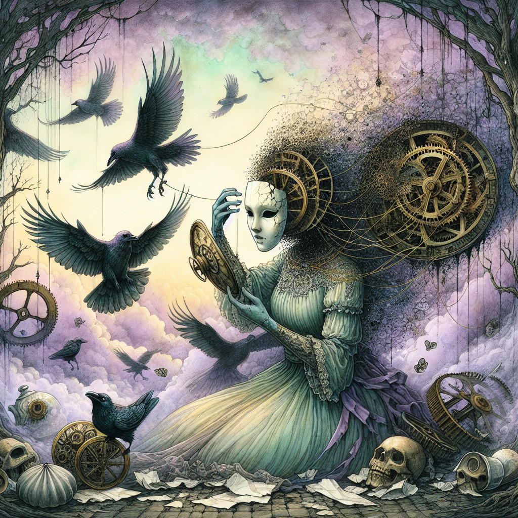 Surreal Landscape with Figure, Mask, and Gears