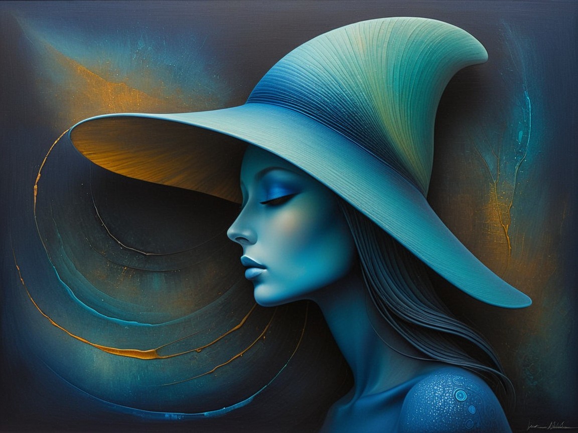 Surreal Profile of a Blue-Hued Woman with Hat