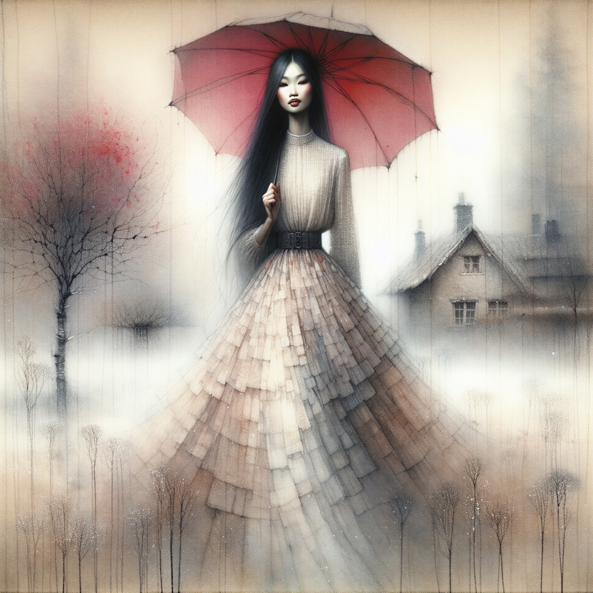 Mysterious Woman with Red Umbrella in Serene Landscape