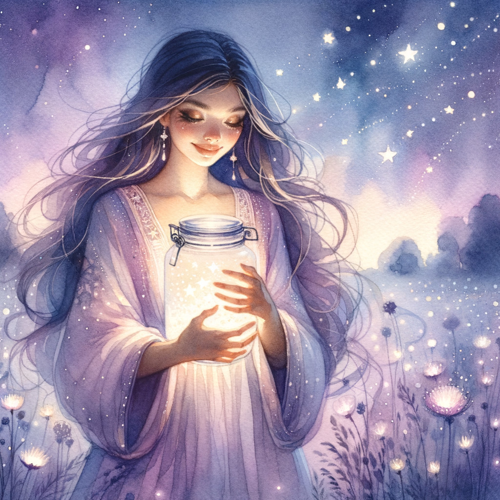 Young woman in a meadow with glowing lantern at twilight