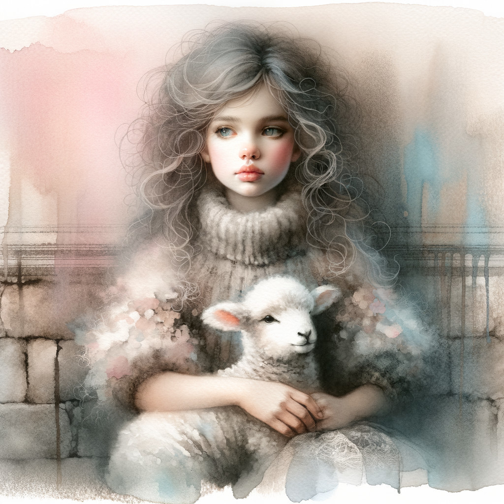 Whimsical Depiction of Girl with Fluffy Lamb