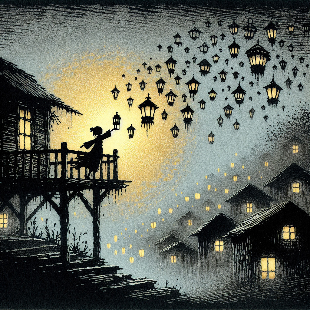 Whimsical Night Scene with Lanterns and Lute Music