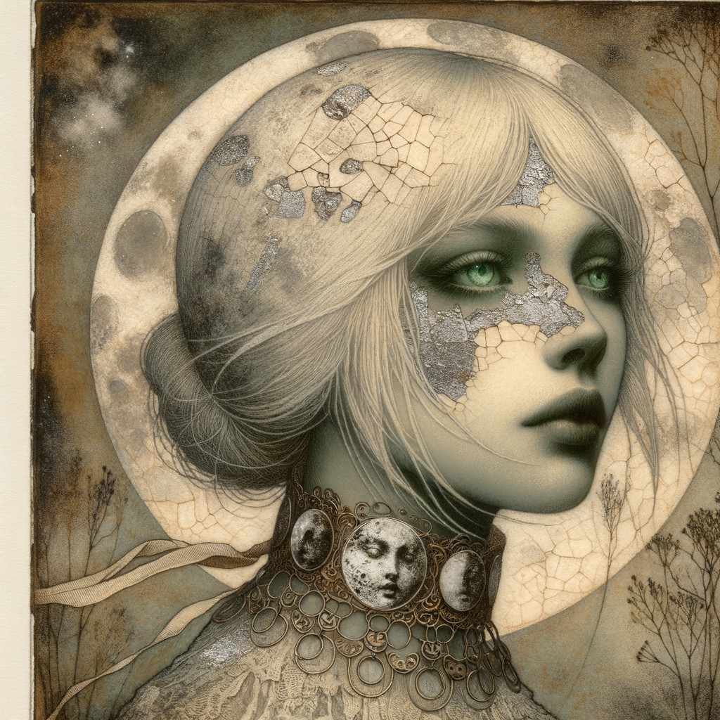 Serene Figure with Ethereal Expression and Lunar Backdrop