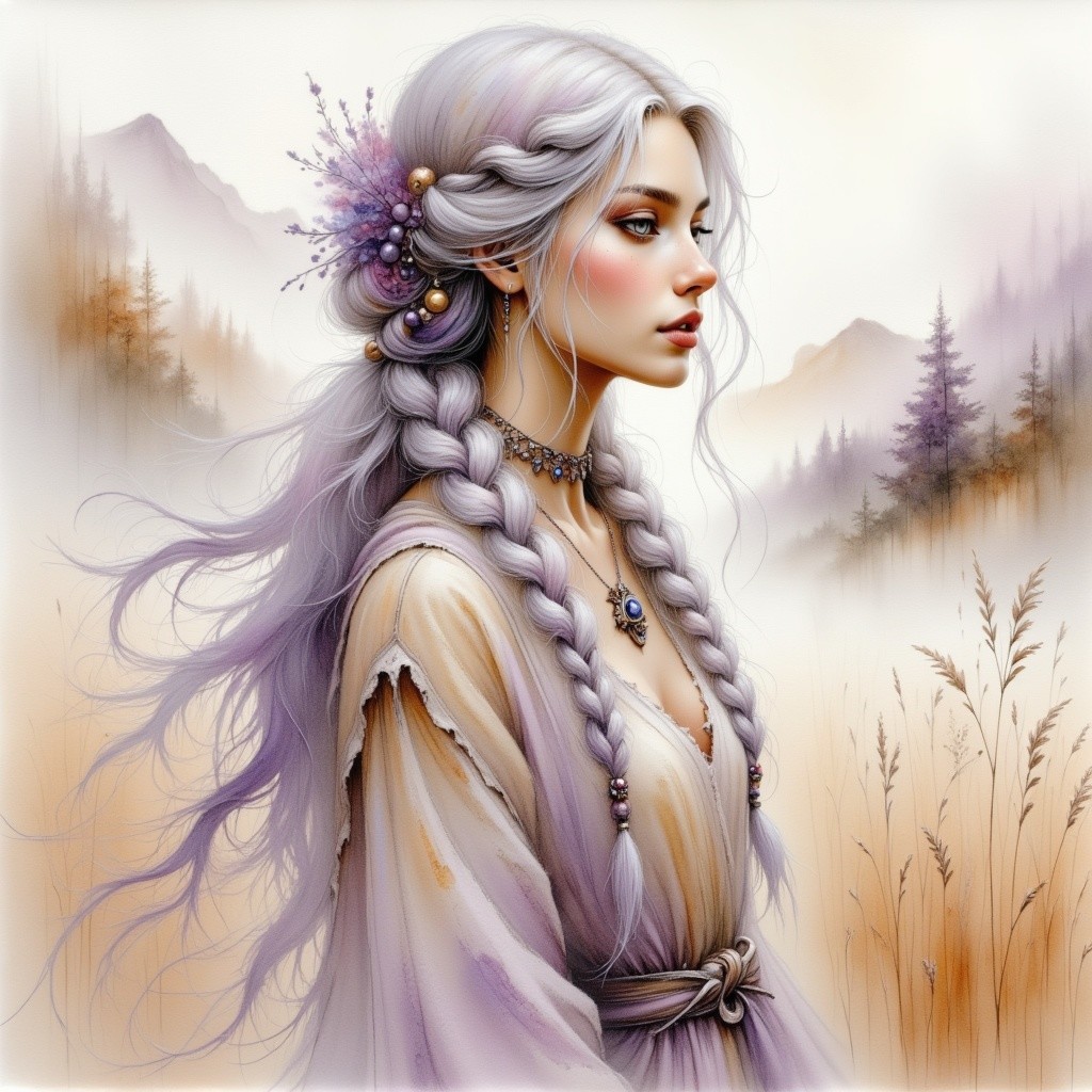 Serene Young Woman in Misty Mountain Landscape