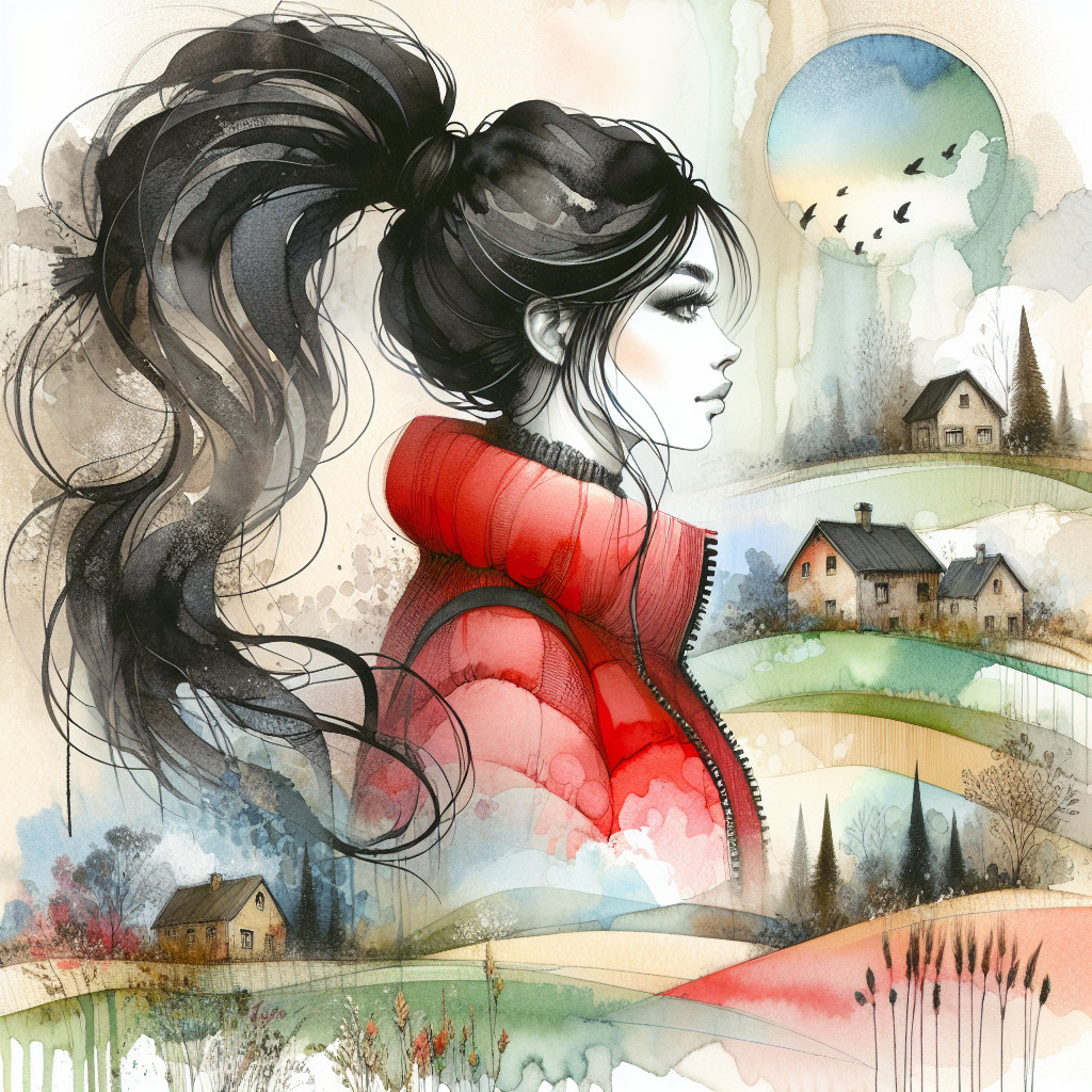 Watercolor Illustration of Woman in Red Jacket Outdoors