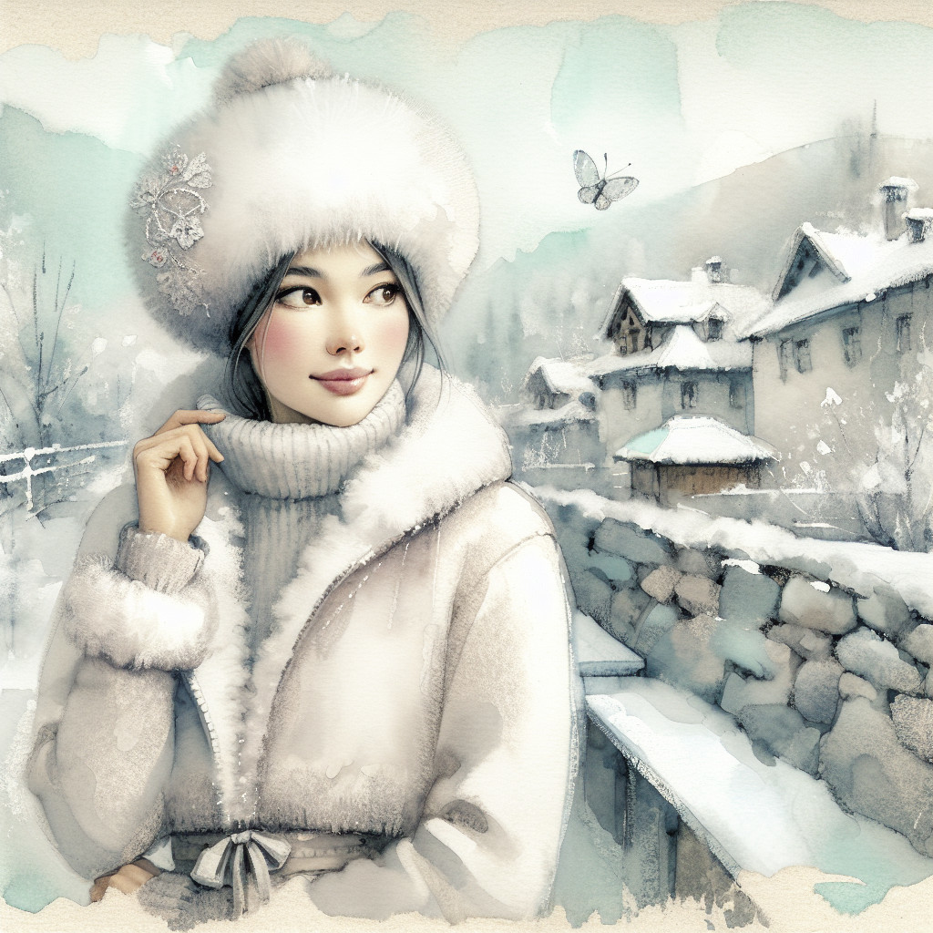 Watercolor of Woman in Snowy Mountain Town