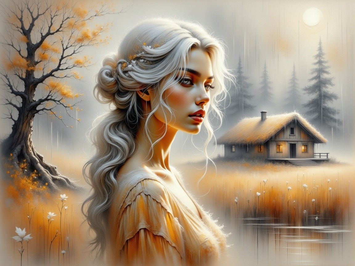 Serene Landscape with Young Woman and Cottage