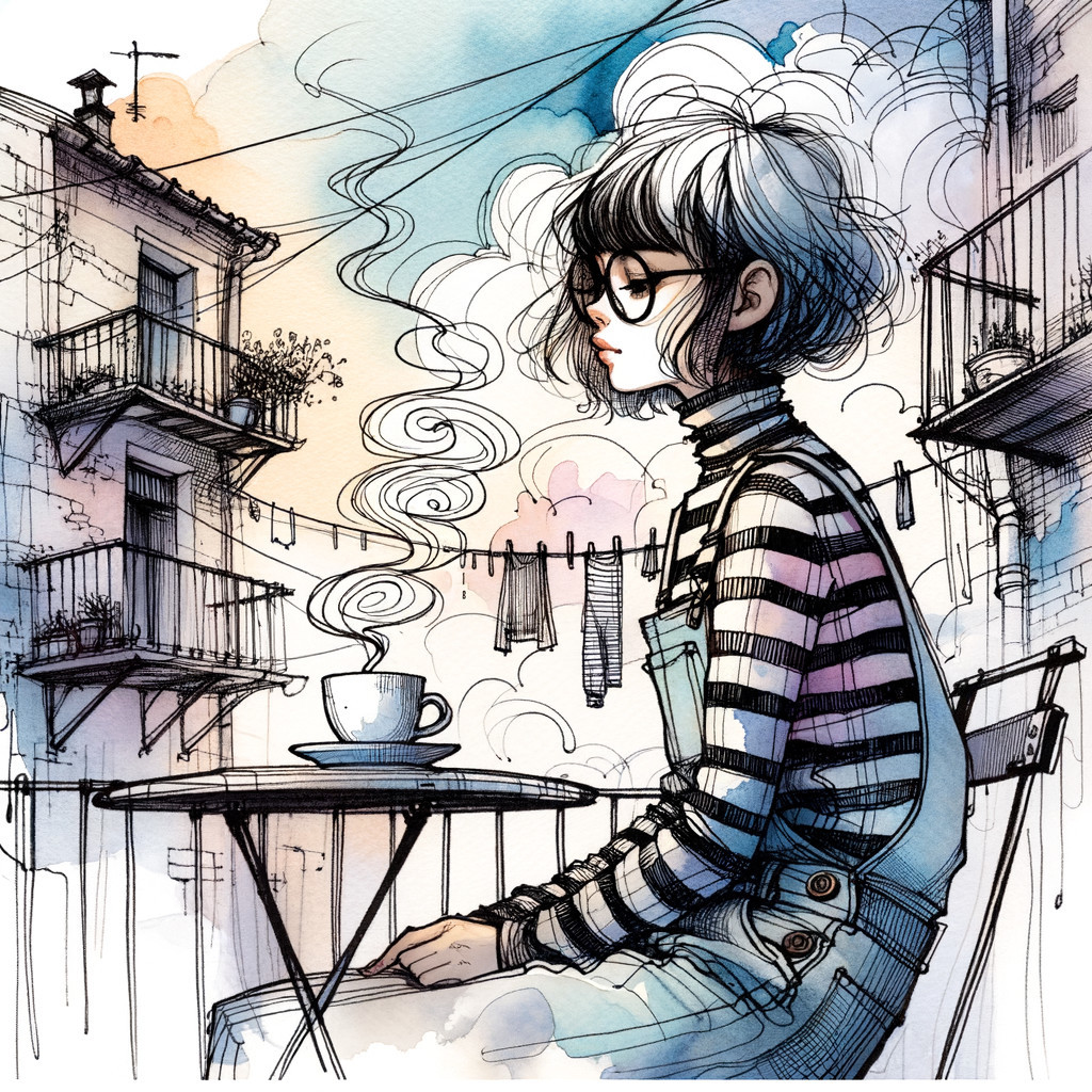 Young woman on balcony with cozy urban backdrop