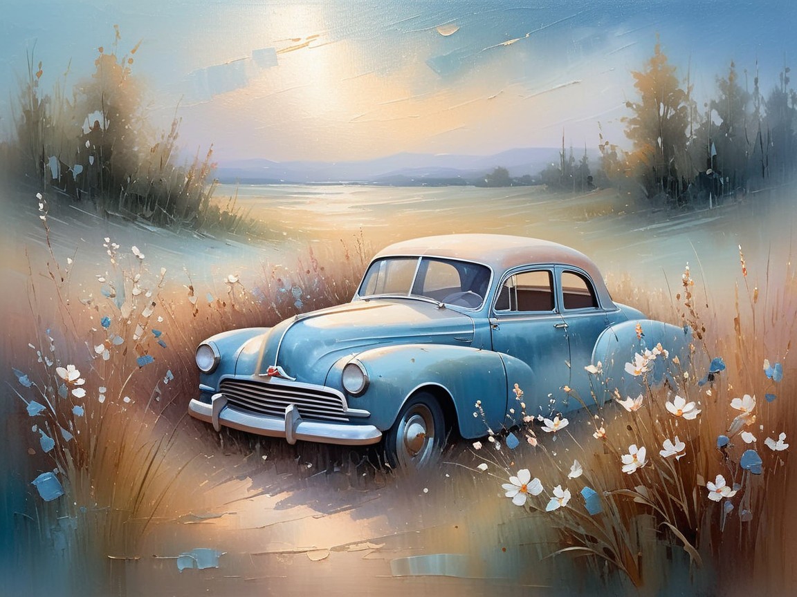 Impressionistic Oil Painting of Vintage Baby Blue Sedan
