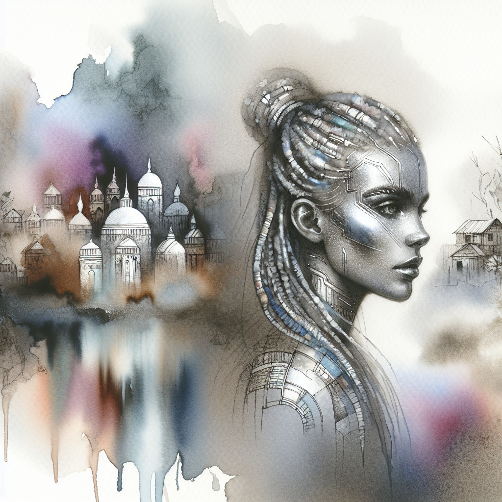 Futuristic Woman in Surreal Landscape with Metallic Elements