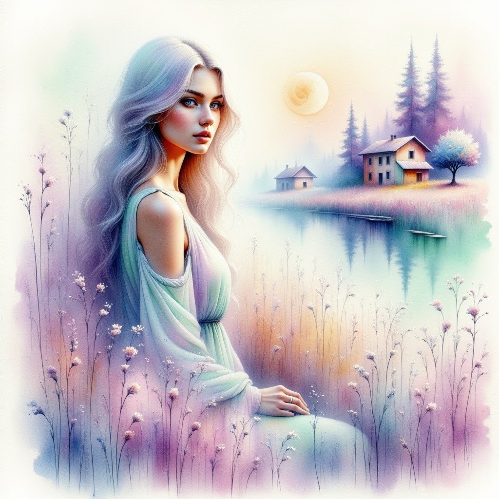 Serene Portrait of a Young Woman by a Tranquil Lake
