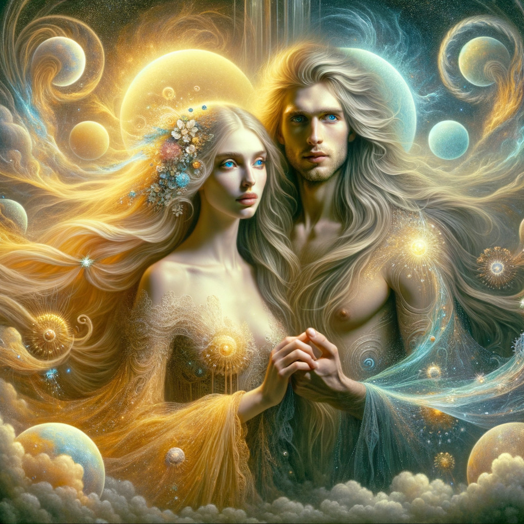 Ethereal Couple in Cosmic Backdrop with Celestial Orbs