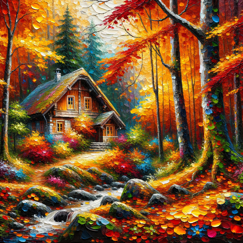 Cottage in a Vibrant Autumn Forest Landscape