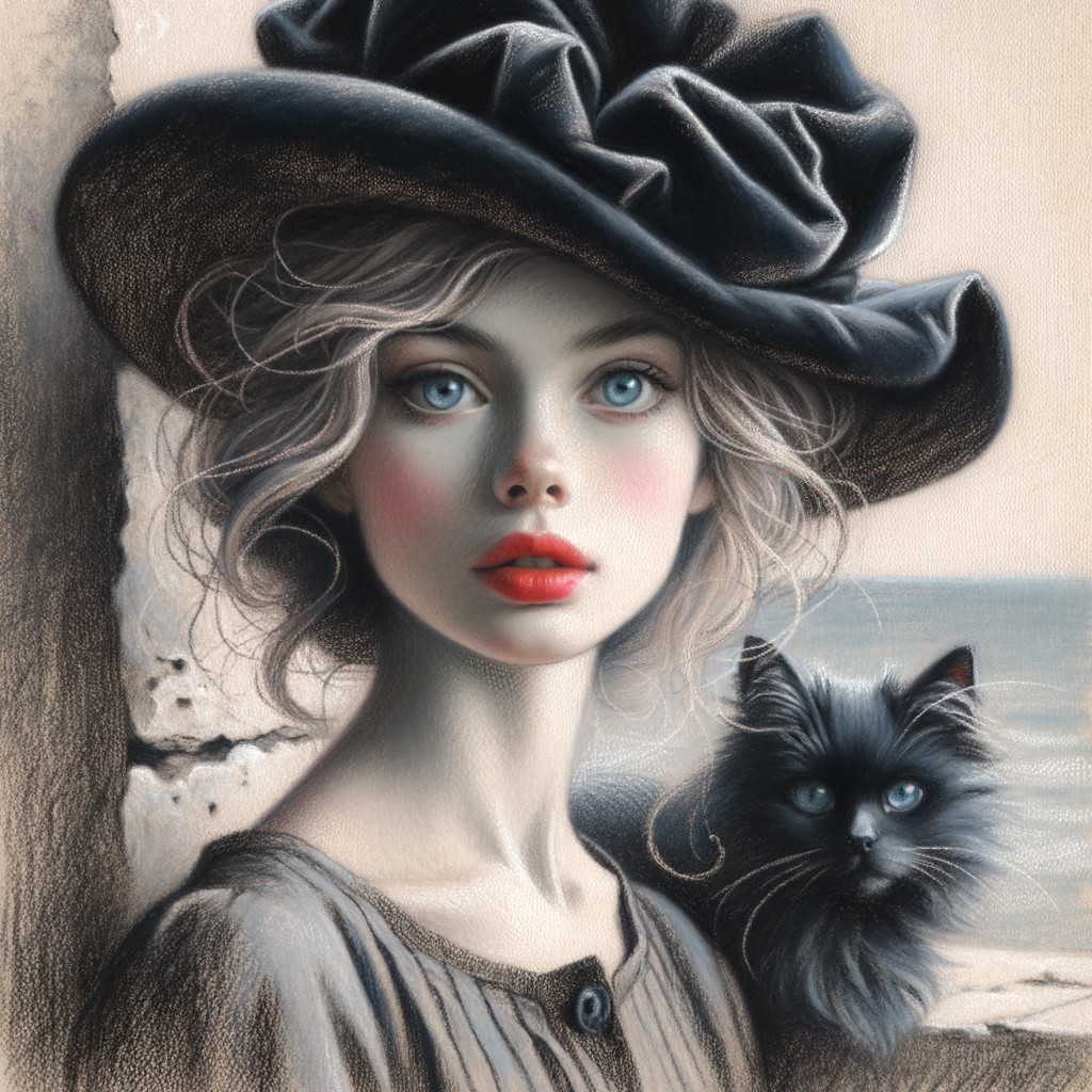 Fantasy Art Digital Painting of Woman and Cat at Beach