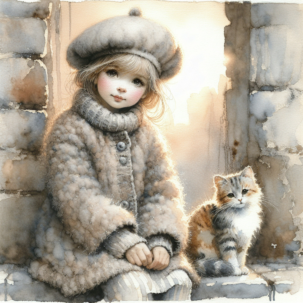 Young girl in cream coat and beret by stone wall