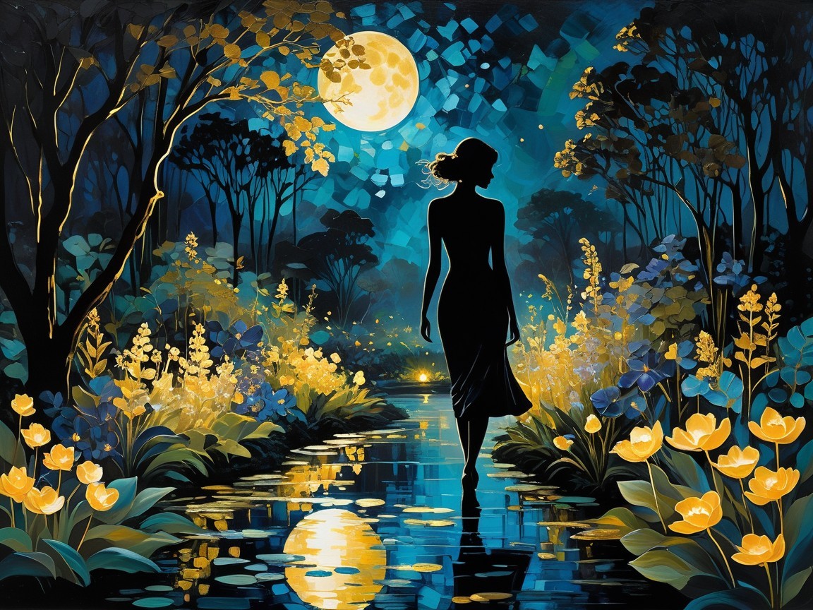 Moonlit Landscape with Woman by Reflective Waterway