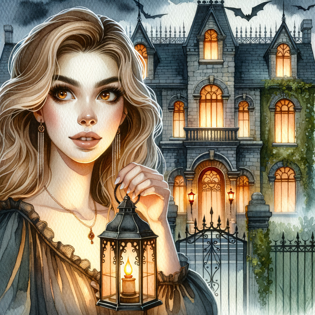 Mysterious Woman with Lantern by Gothic Mansion
