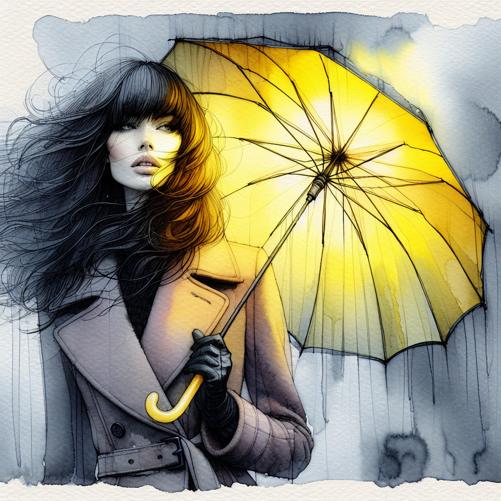 Stylish Woman with Yellow Umbrella in Rainy Scene